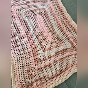Handmade Crochet Blanket, Pink & White Striped 34" X 45" Crochet Blanket